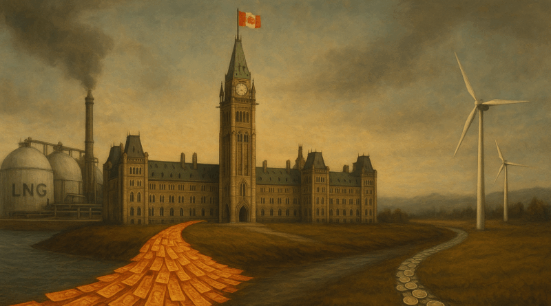 ChatGPT generated this panoramic conceptual painting depicting Canadian public funds flowing abundantly from Parliament to an LNG terminal, while only a sparse stream of coins reaches a modest wind and solar installation