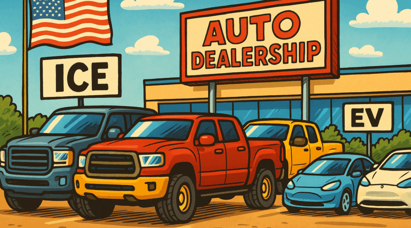 ChatGPT generated this panoramic, caricature-style illustration of a U.S. auto dealership, with a sprawling ICE SUV and truck section labeled prominently, a small sidelined EV section pushed to one side, and an American flag flying overhead to emphasize the setting