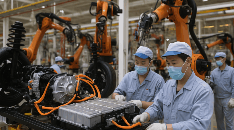 ChatGPT generated this high-resolution, wide-aspect image showing a close-up of an EV production line in a Chinese factory, with workers and robotic arms assembling battery packs and drivetrains