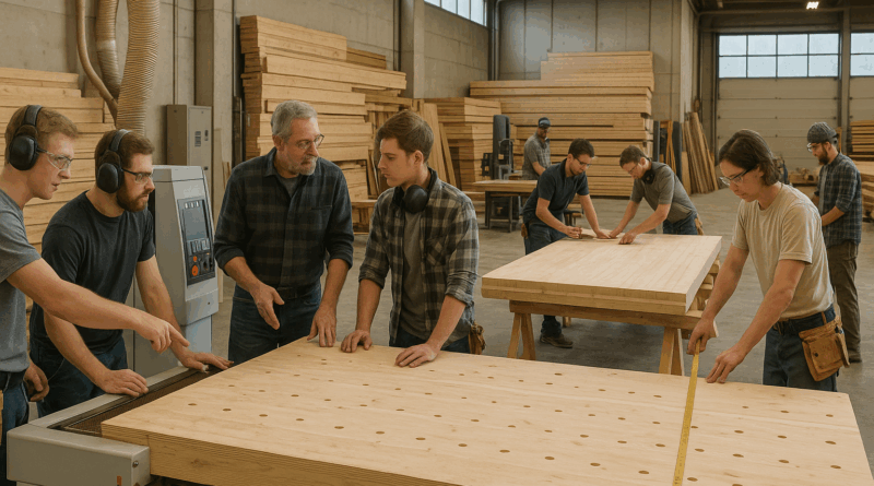 ChatGPT generated panoramic image of a modern training workshop where apprentices learn CNC operations and timber framing under instructor guidance in a bright facility
