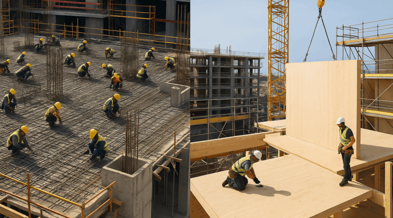 ChatGPT generated panoramic image comparing reinforced concrete construction with a large rebar crew on the left and mass timber assembly with a small CLT crew on the right