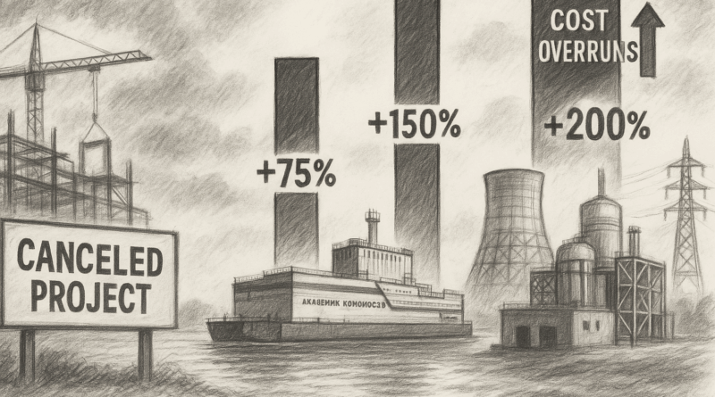 A panoramic charcoal sketch showing the financial trajectory of SMR projects worldwide. From left to right, a canceled U.S. build, Russia’s barge-mounted reactors, and China’s HTR-PM stand as markers of escalating costs, with overlaid bars and numbers highlighting overruns that climb from 75% to 200%