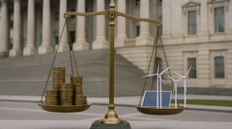 Chatgpt generated panoramic image of a balance scale weighing stacks of coins against wind turbines and solar panels, with a government building in the background, symbolizing profit versus public purpose in the clean energy transition
