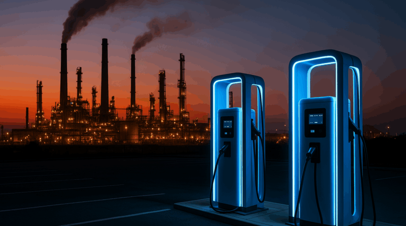 Chatgpt generated panoramic image of a California refinery at twilight, smokestacks fading into dusk while EV charging stations glow in the foreground