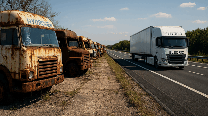 Caption: Chatgpt generated panoramic image of failed hydrogen trucks in a scrapyard as electric freight dominates the road outside