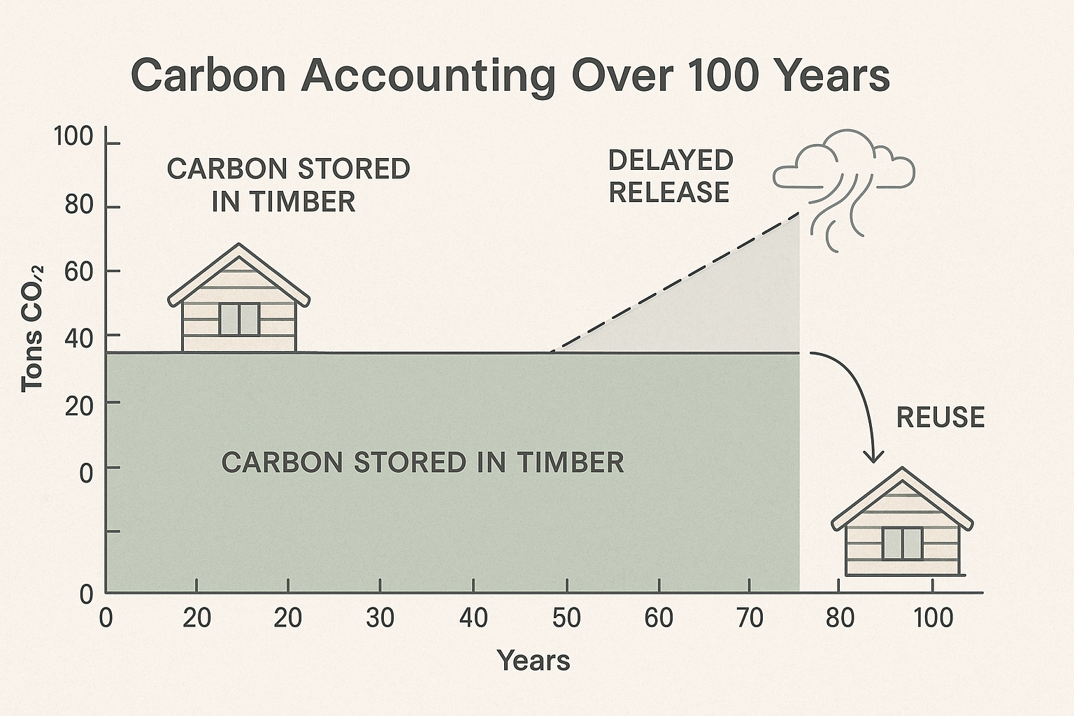 ChatGPT generated panoramic chart showing carbon accounting over 100 years, with timber storing carbon, delayed release at end of life, and reuse extending storage
