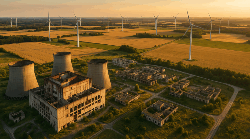Chatgpt generated image of Poland’s abandoned Żarnowiec nuclear site contrasted with today’s successful wind farms