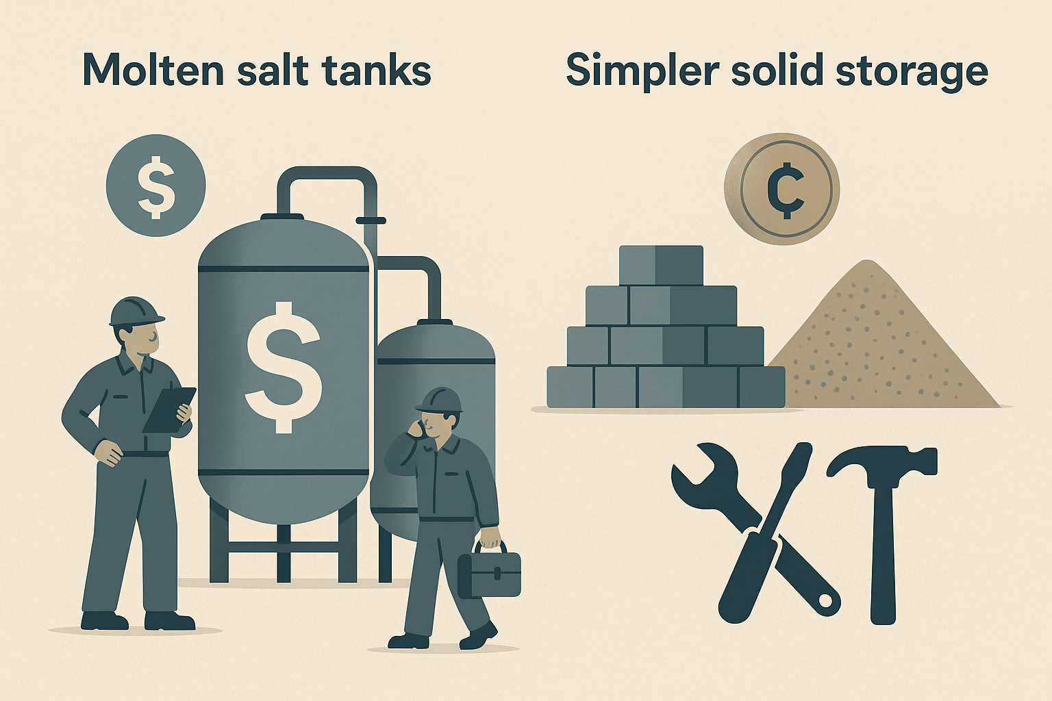 Chatgpt generated: Economic and operational contrast between molten salt storage and simpler, lower cost solid storage systems
