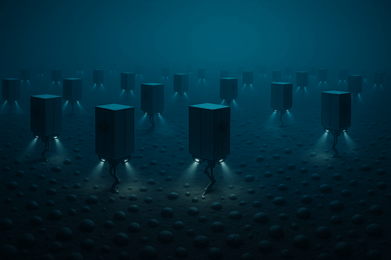 Chatgpt generated: Panoramic cutaway of the abyssal plain at 6 km depth, showing a fleet of autonomous robots with lights and arms plucking nodules one by one