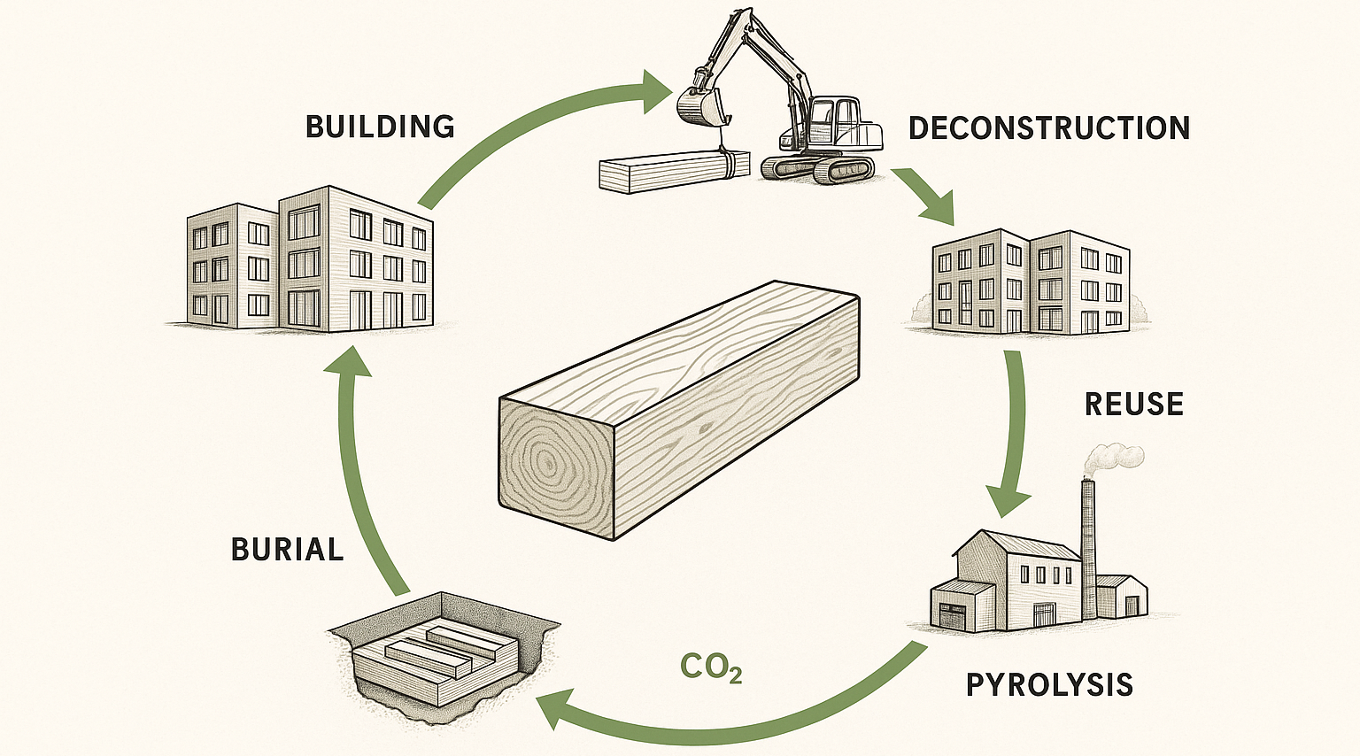 ChatGPT generated panoramic infographic of the circular lifecycle of a timber beam, showing building, deconstruction, reuse, pyrolysis, and burial in a continuous loop