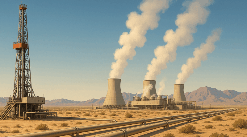 ChatGPT generated panoramic illustration of a geothermal energy site in California’s Imperial Valley, with a drilling rig, pipelines, and a power plant under a desert sky