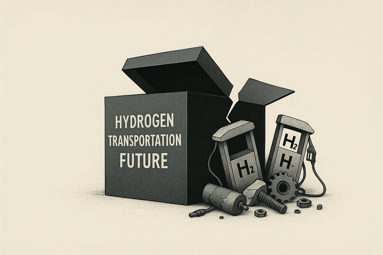 ChatGPT generated panoramic illustration of a cracked black box labeled “Hydrogen Transportation Future,” split open to reveal broken pumps and costly parts