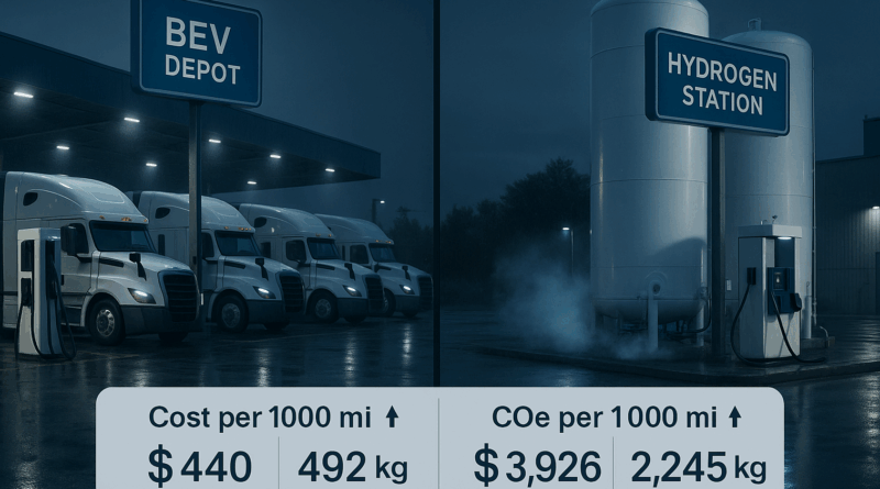 Chatgpt generated split scene of a battery-electric truck depot and a hydrogen station, showing contrasting infrastructures and outcomes
