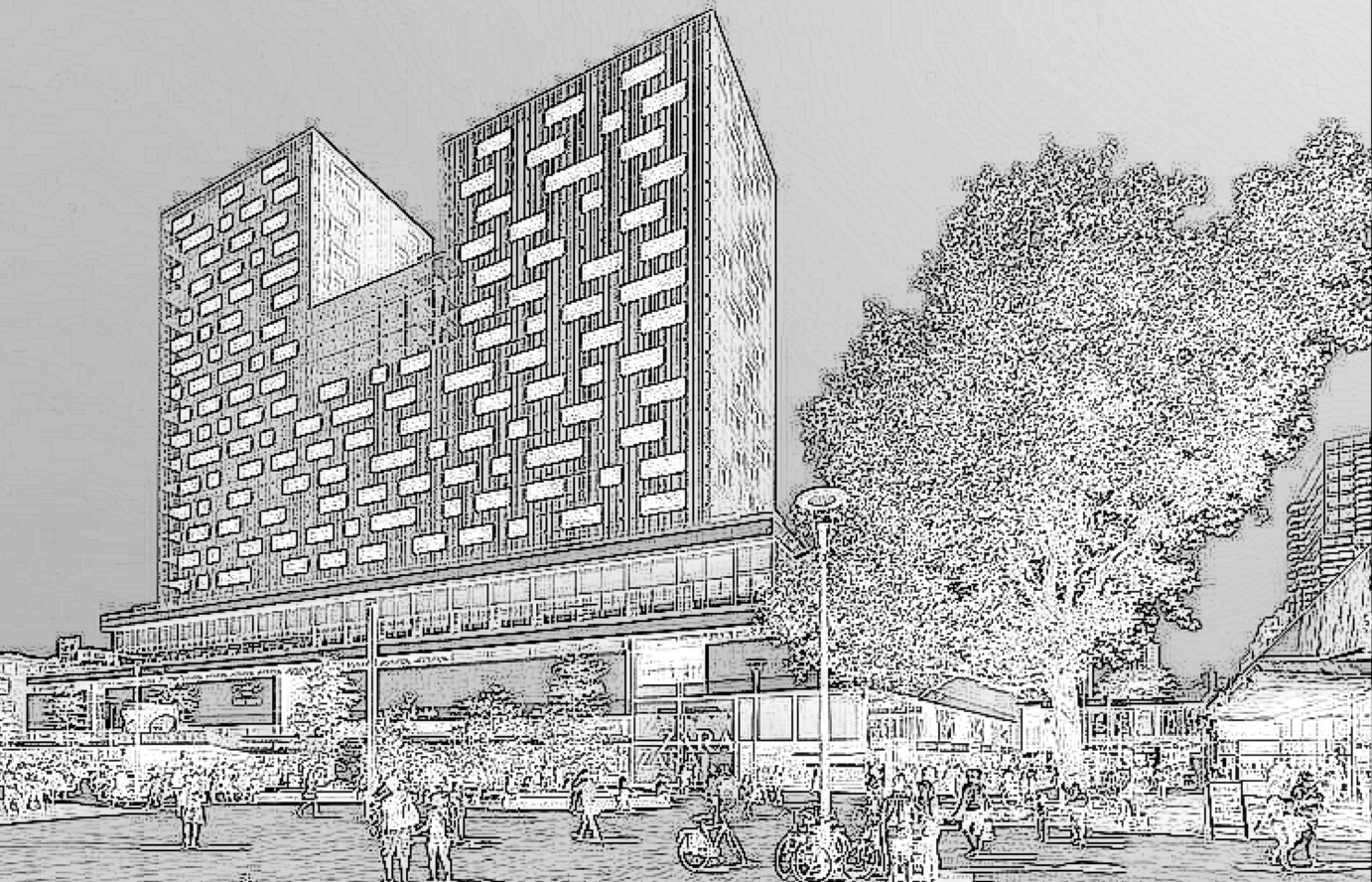ChatGPT generated charcoal sketch of Rotterdam’s De Karel Doorman, emphasizing its modern façade rising above the bustling urban square