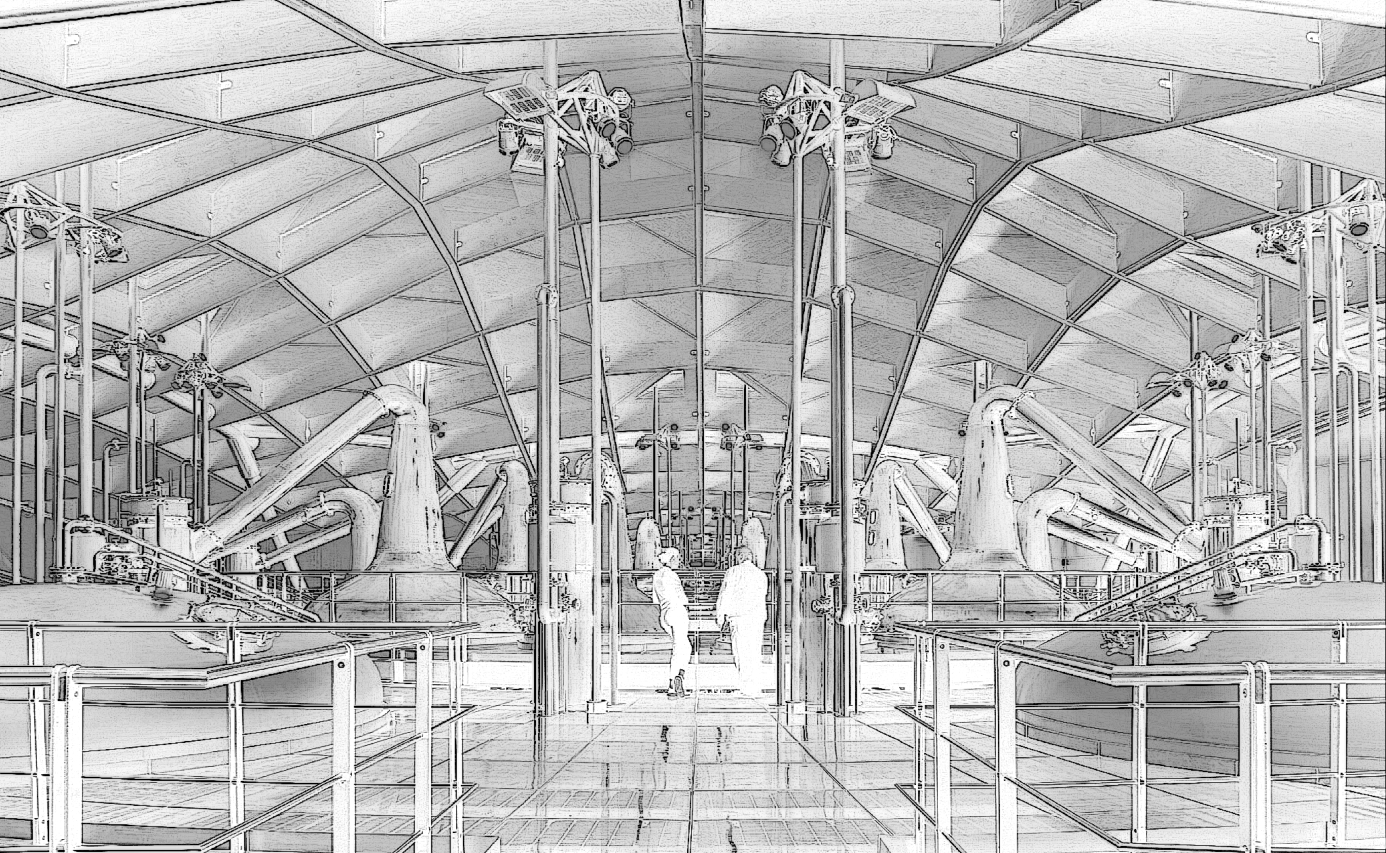 ChatGPT generated charcoal sketch of the Macallan Distillery in Scotland, showcasing its sweeping timber roof and iconic copper stills