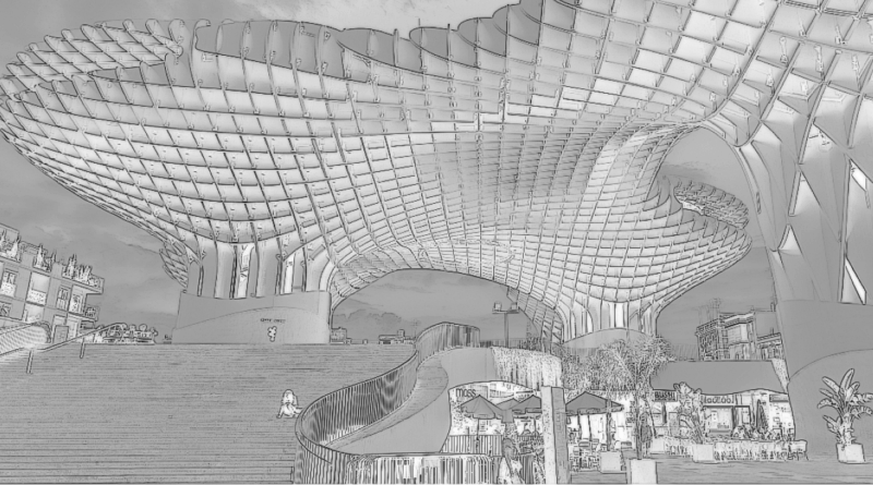 ChatGPT generated charcoal sketch of the Metropol Parasol in Seville, Spain, highlighting its dramatic timber lattice canopy and sweeping architectural form