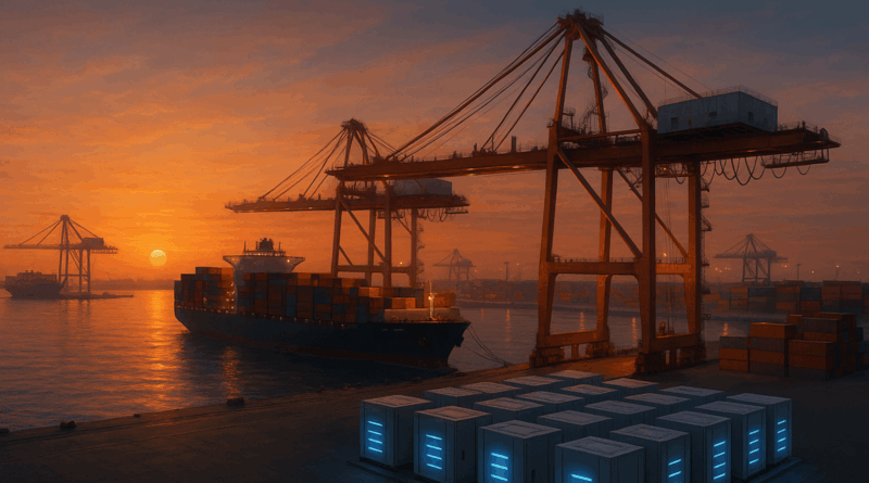 ChatGPT generated image of a container port transitioning to clean power, with cranes and ships powered by large battery arrays