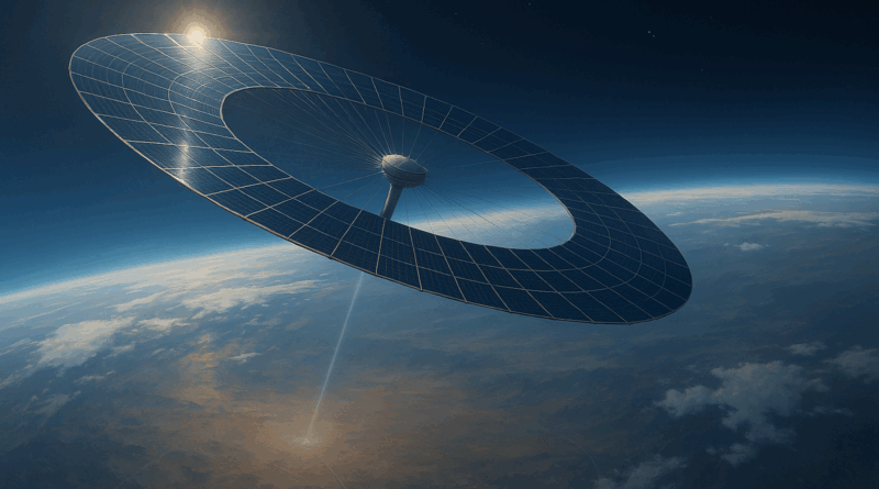 ChatGPT generated image of China’s proposed space-based solar array concept in geosynchronous orbit, beaming power down to Earth