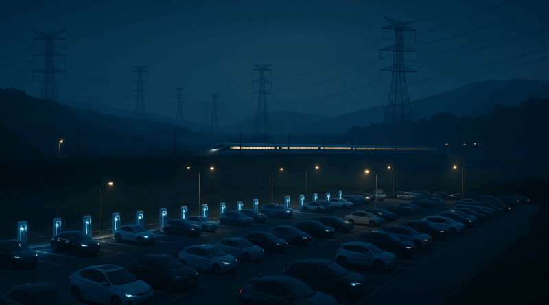 ChatGPT generated image of nighttime electrification in motion, from charging hubs to railways powered by China’s vast transmission network