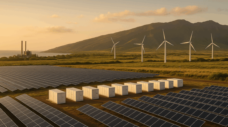 ChatGPT generated panoramic illustration of Hawaiʻi’s clean-energy future, with solar fields, battery containers, wind turbines and a retired oil plant fading quietly into the distance