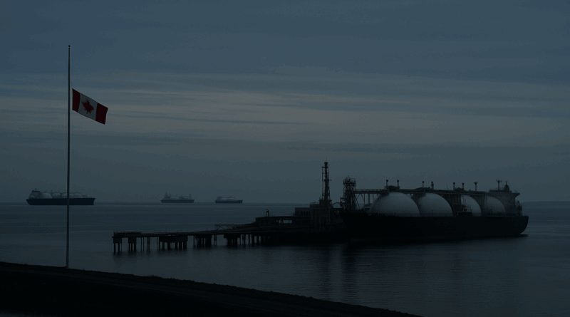 Chatgpt generated scene of a quiet Canadian LNG export terminal facing uncertain demand.