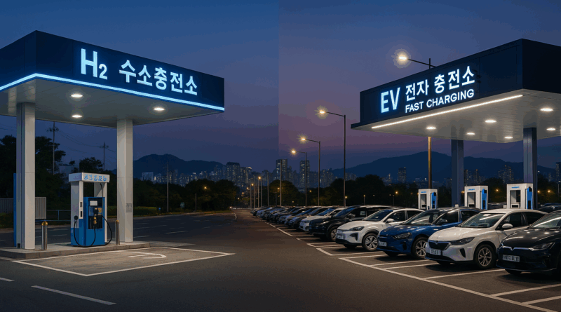 ChatGPT generated image comparing South Korea’s underused hydrogen stations with thriving EV chargers, reflecting a market diverging from policy