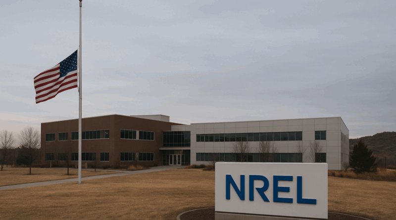 ChatGPT generated: A solemn panoramic scene of the American flag at half-mast before the NREL building, marking the symbolic end of an era in U.S. renewable-energy leadership