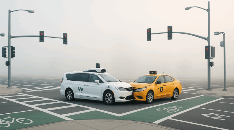 ChatGPT generated panoramic scene of an early-morning research intersection with bike lanes, crosswalks, sensor-equipped signal poles, and a minor fender-bender between a Waymo vehicle and a New York taxi