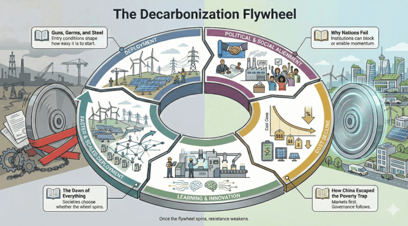 Google Gemini generated this panoramic infographic about the "Decarbonization Flywheel," illustrating five interconnected stages of clean energy transition