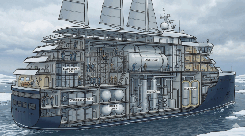 Google Gemini generated this detailed cutaway illustration of a futuristic expedition cruise ship, visualizing a complex hybrid energy system that includes solid sails, Bloom Energy SOFCs, hydrogen fuel cells, and an onboard carbon capture and storage facility