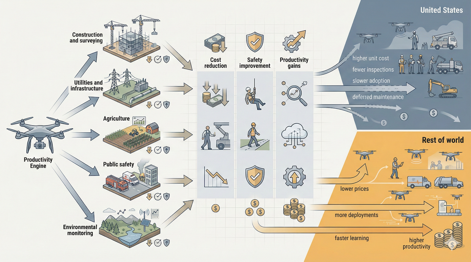 Google Gemini generated. Drones create economic value through lower costs, safer work, and higher productivity, and policy choices determine whether those gains are captured or lost
