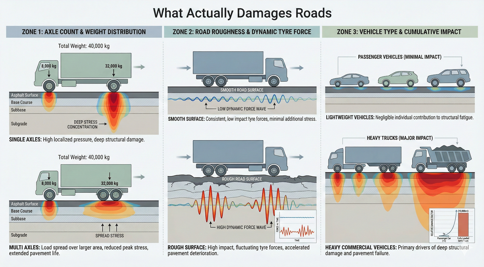 Google Gemini generated this scientific infographic titled "What Actually Damages Roads," which visually breaks down the factors contributing to pavement deterioration across three distinct zones covering axle count, road roughness, and vehicle type