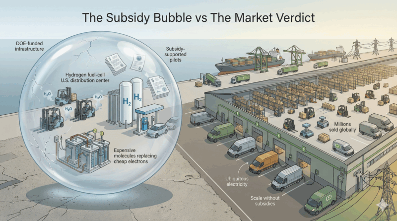 Google Gemini generated a panoramic illustration depicting the fragile "subsidy bubble" surrounding hydrogen pilots, contrasted with the grounded, scalable reality of the battery-electric market