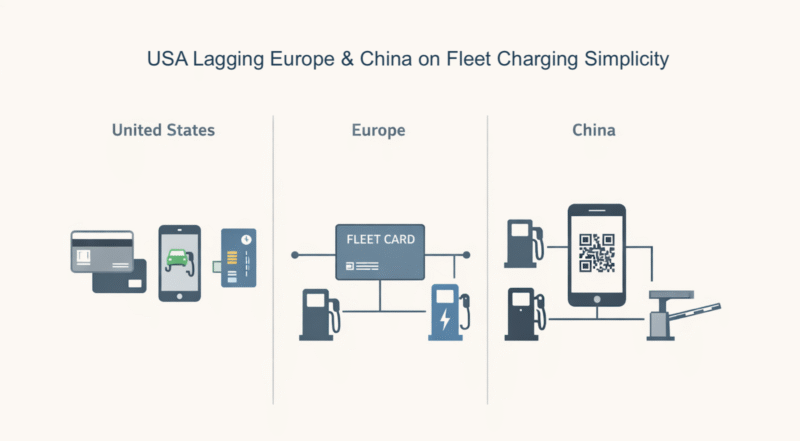 ChatGPT generated this comparison of how fleet payments evolved in the United States, Europe, and China, highlighting fragmentation, integration, and mobile-first leapfrogging.