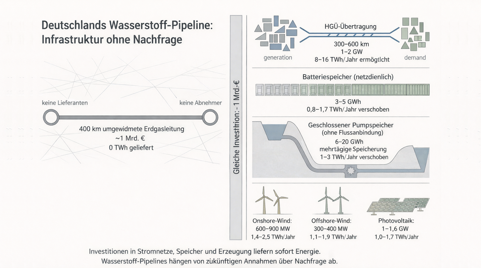 ChatGPT hat diese Infografik erstellt, die die sofortige Energielieferung von Investitionen in das Stromsystem einer derzeit ungenutzten Wasserstoff-Pipeline gegenüberstellt, wobei beide rund 1 Mrd. € kosten.