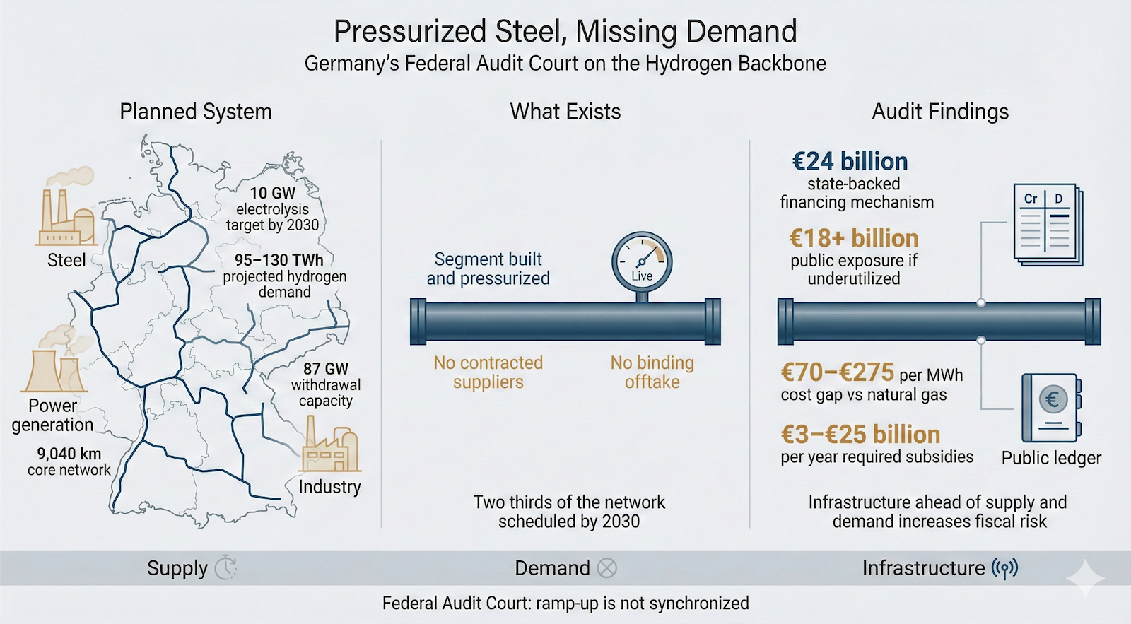 Google Gemini generated this infographic visualizing the disconnect between Germany’s hydrogen infrastructure expansion and current demand, highlighting the financial risks identified by the Federal Audit Court.