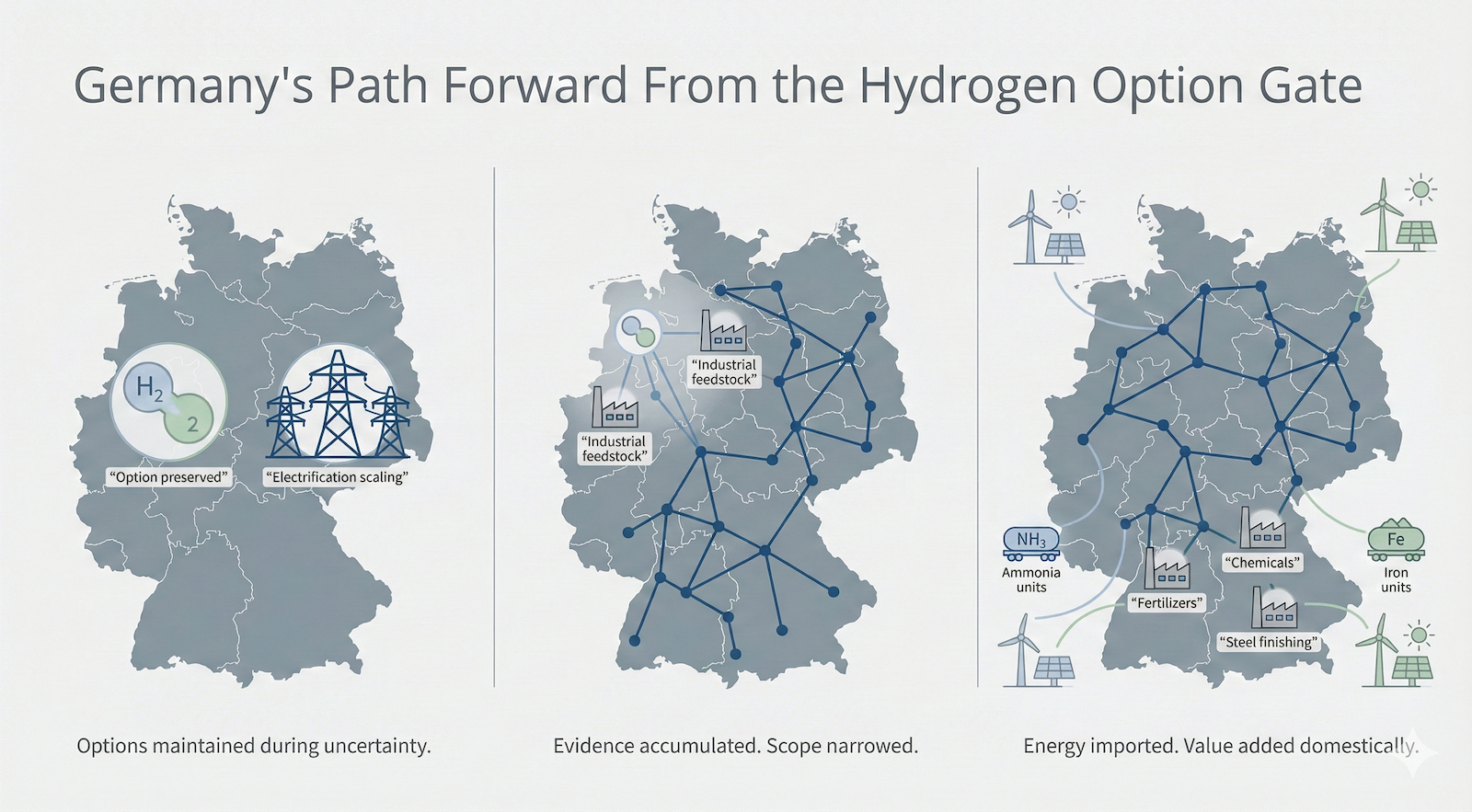 Google Gemini generated a strategic infographic visualization of Germany's policy path forward from the Hydrogen Option Gate, illustrating the shift from broad option preservation to targeted industrial application and electrification.