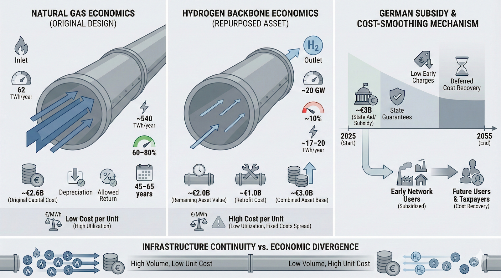 Google Gemini generated this infographic illustrating the economic transition from high-volume Russian natural gas to the German Hydrogen Backbone, highlighting the projected utilization gap and the role of state subsidies in the new cost structure.