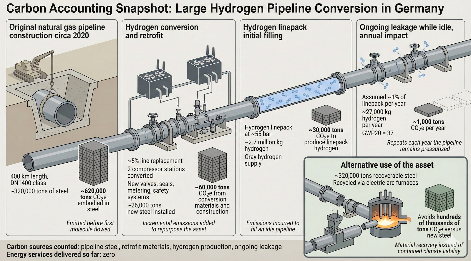 Google Gemini generated this detailed infographic visualizing the carbon emissions lifecycle associated with converting a large natural gas pipeline to hydrogen in Germany.