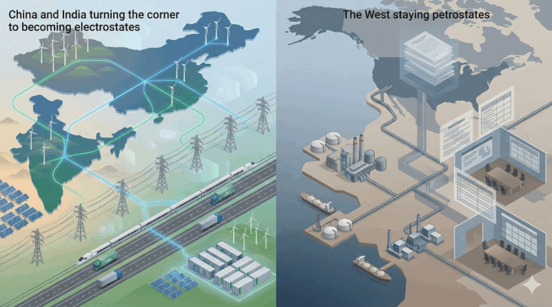 Google Gemini generated this infographic illustrating a comparison between China and India's shift towards "electrostates" and the West's reliance on being "petrostates."