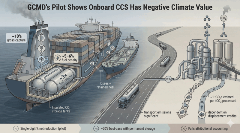 Google Gemini generated this detailed infographic illustrating the complex logistics, high energy penalties, and significant lifecycle emissions that result in a negative climate value for shipboard carbon capture systems.
