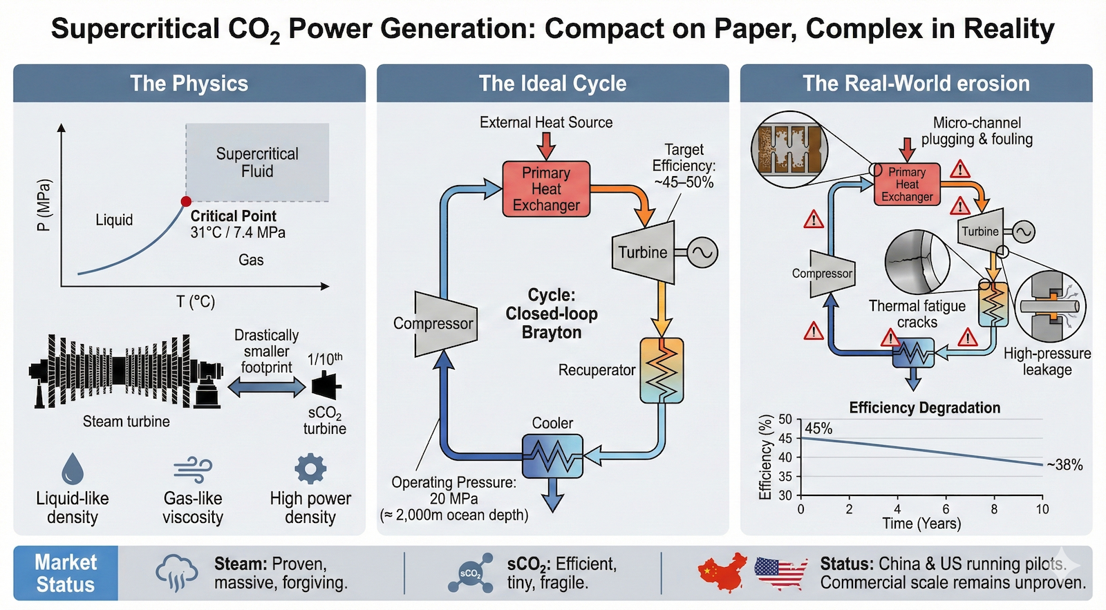 Infographic created by TFIE Strategy with Google Gemini graphics of the Supercritical CO₂ power generation cycle, illustrating its physics, ideal operation, and real-world challenges.