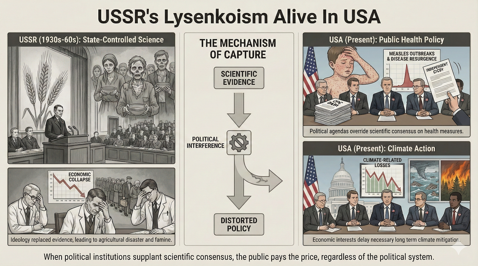 Google Gemini generated this infographic comparing the structural parallels between Soviet Lysenkoism and modern US science policy, illustrating the human and economic costs when political power overrides empirical evidence.