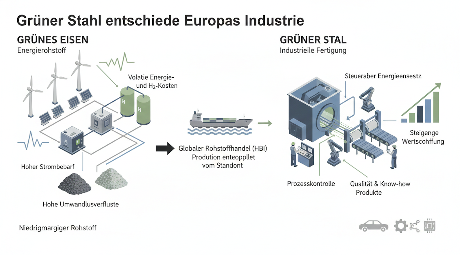 **English** Google Gemini generated this infographic showing why Europe’s strength lies in green steel manufacturing, not bulk green iron production. **German** Google Gemini hat diese Infografik erstellt, die zeigt, warum Europas Stärke in der Herstellung von grünem Stahl liegt und nicht in der Massenproduktion von grünem Eisen.