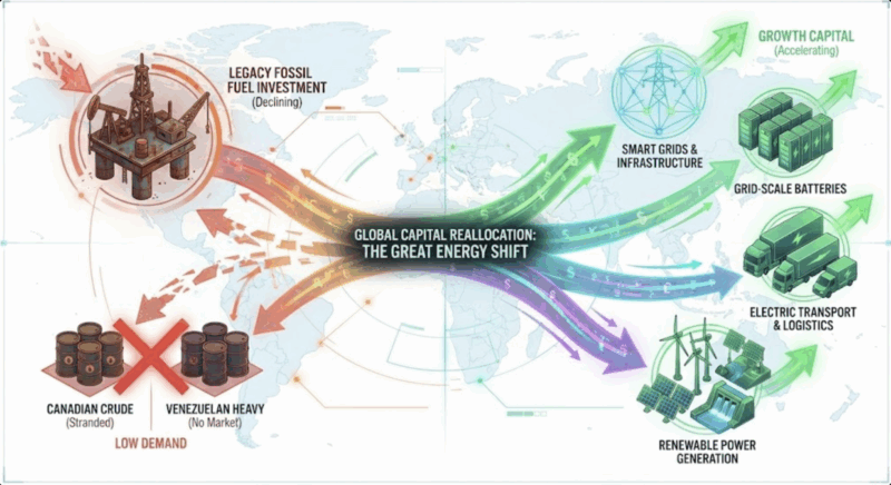 Google Gemini generated this visualization of capital fleeing stranded oil for renewable grids and electric transport.