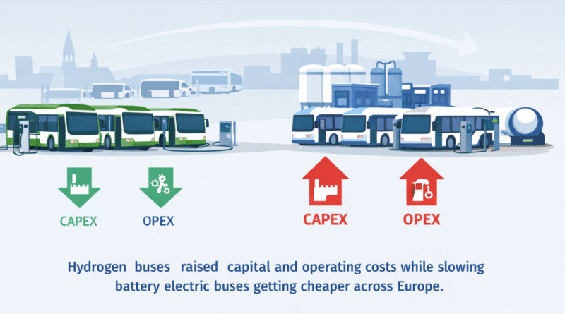 Chatgpt generated illustration showing Poland’s experience with hydrogen buses as a high-cost detour that delayed faster cost reductions for battery electric buses.