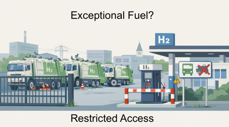 Chatgpt generated illustration showing hydrogen garbage trucks sidelined by refuelling access constraints.