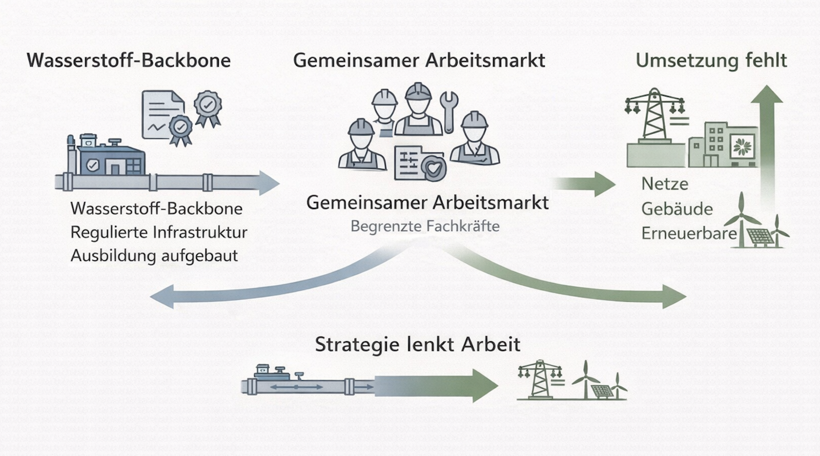 Google Gemini hat diese Infografik erstellt. Sie visualisiert die Arbeitsmarktdynamiken der deutschen Energiewende und stellt die Signale und Bedarfe von Wasserstoff- gegenüber Elektrifizierungsstrategien gegenüber