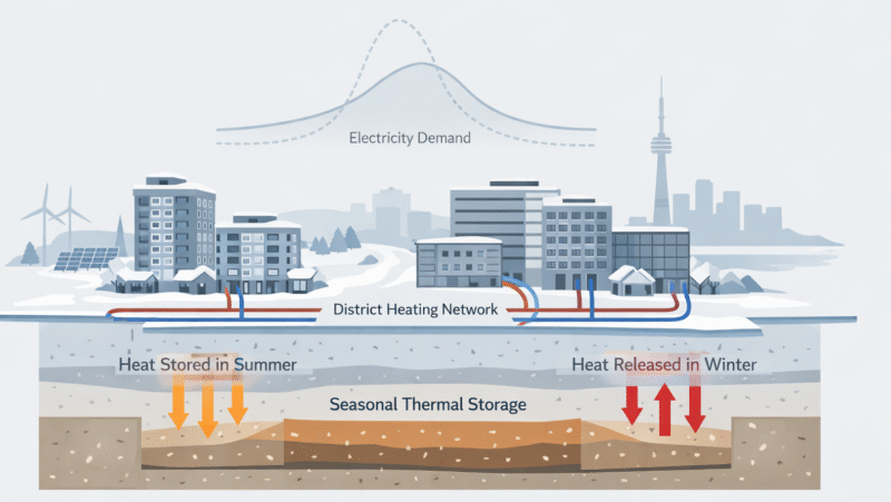 Chatgpt generated: Seasonal thermal storage and district energy remove heating load from winter electricity peaks.