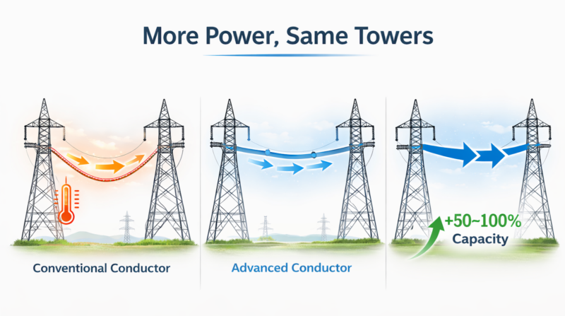 ChatGPT generated infographic illustrating reconductoring, where utilities replace older transmission wires with advanced conductors so existing towers can carry significantly more electricity